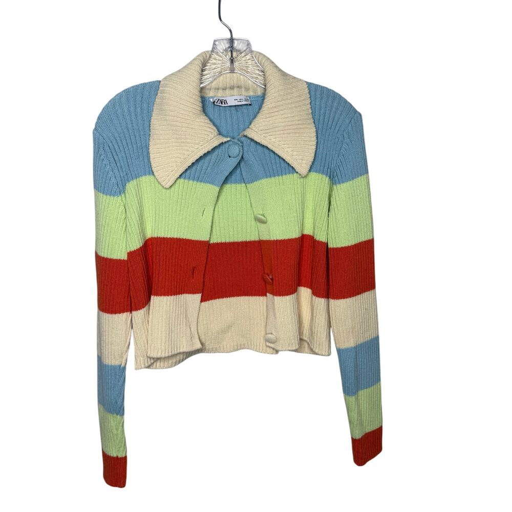 ZARA Stripedβ Knit Cardigan Retro Collared Cropped Sweater Colorblock Size L